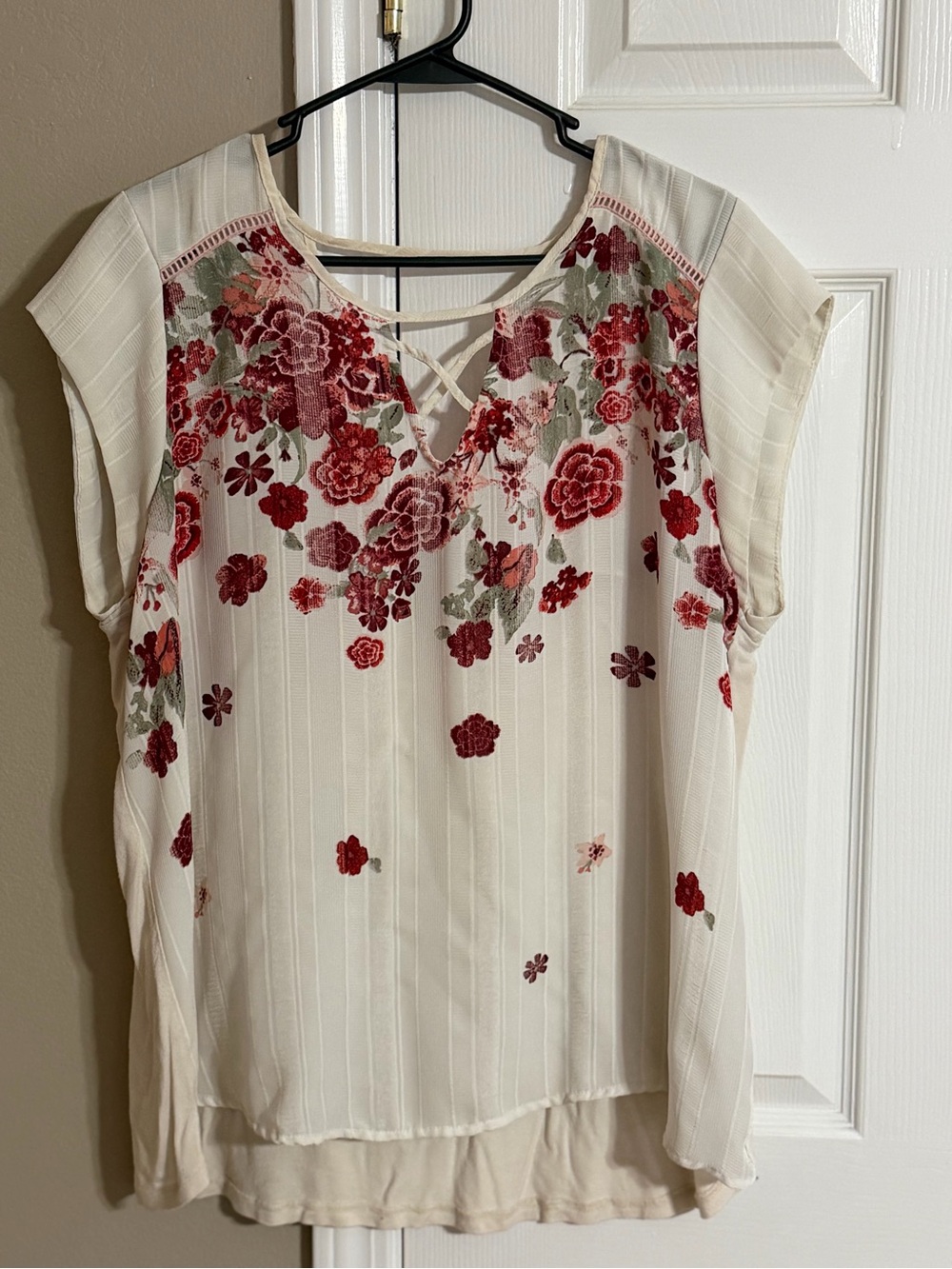 Maurices Cream Blouse with Red Floral Print and Crisscross Neck